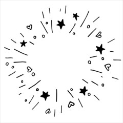 abstract vector drawing in doodle style. explosion in a circle, fireworks, festive fireworks. stars, confit and streamer. round frame