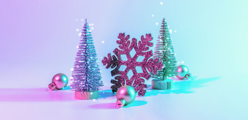 Neon Christmas winter background. Minimal abstract tree, xmas gift box. Holiday decoration bauble...