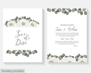 Vector floral invitation template. White roses, rununculus, green leaves, eucalyptus.