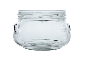 Empty, open glass jar of a wide shape. On a white background close-up