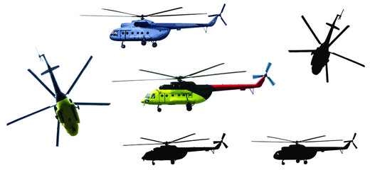 Helicopters and their silhouettes isolated on white background. Illustration. Vector.