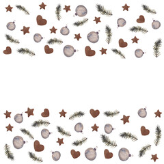 
Watercolor illustration, Christmas banner, silver tones, consists of Christmas tree toys, stars, pine branches, decor, winter design