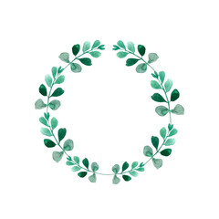 Watercolor illustration, green round eucalyptus frame, wreath is ideal for making postcards, invitations.