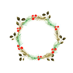 Watercolor Christmas wreath with fir branches with red berries, the frame is ideal for postcards, posters, stickers, covers.