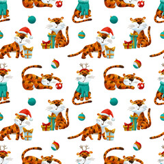 Watercolor pattern with funny new year tigers.