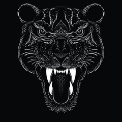 The Vector logo lion or tiger for tattoo or T-shirt design or outwear.  Hunting style big cat print on black background. This hand drawing is for black fabric or canvas.