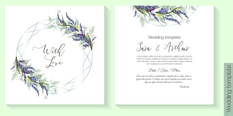 Fototapeta na wymiar Floral vector template for wedding invitation. Lavender, green leaves, circular polygonal frame. Vector invitation set.