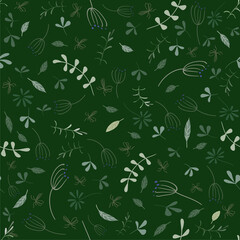 Seamless dark green pattern. Dynamically located twigs, leaves, inflorescences, blades of grass. Square vector illustration. Used for packaging, printing on fabric, paper, wallpaper, etc