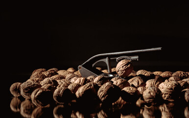 Walnut in nutcracker close-up. Copy space. Beautiful dark background with healthy food ingredient....