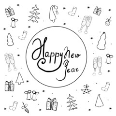 New year elements in doodle style, new year card, illustration