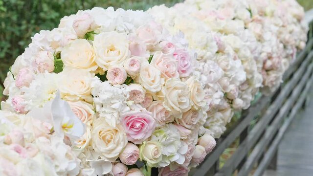 Beautiful bright soft pastel color amazing roses bouquet. Summer pink blossoming festive flowers. Love, weeding, anniversary concept