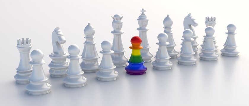Rainbow colors Chess pawn on white chess set. LGBT Gay Pride. 3d illustration