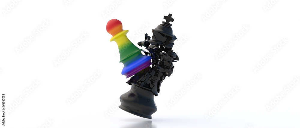 Poster Gay Pride flag colors chess pawn attacks black king on white background. 3d illustration