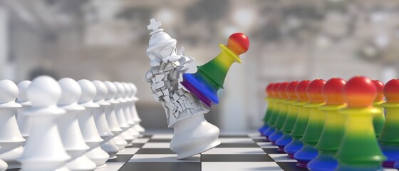 Gay Pride flag colors chess pawn attacks white king. Fight for LGBT rights. 3d illustration