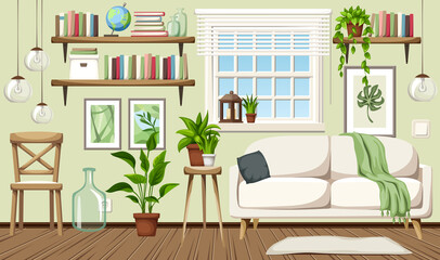 Vector cozy Scandinavian living room interior with a sofa, a chair, bookshelves, and houseplants.