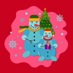 Colorful poster with a snowman. Christmas texture. Vector illustration. Illustration in doodle style. Texture for printing on textiles and printing, for interior decoration.