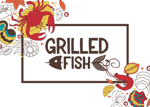 Grilled fish typography poster. Text Grilled Fish on textured background for menu, restaurant, kitchen, postcard, card, banner, poster. Grilled Fish vector typography. Vector illustration EPS 10