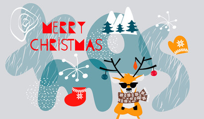 Merry Christmas banner  with a horned deer in glasses and a muffler.Winter holiday background with abstract decorative elements and handwritten greeting text .Flat cartoon vector illustration.

