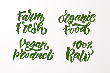 Hand sketched badges and labels with vegetarian, vegan, raw, eco, bio, natural, fresh, gluten and GMO free food diet design. Organic food elements set for product, cafe, restaurant and organic product