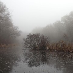 Obraz na płótnie Canvas River bank in the forest, foggy morning