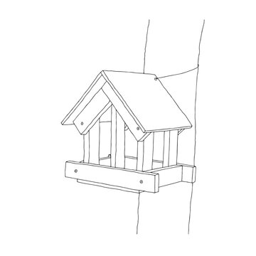 Black hand drawn outline vector illustration of A birdhouse or squirrel house from new boards is hanging on a tree in the forest isolated on a white background