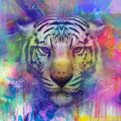 Poster colorful artistic tiger muzzle with bright paint splatters on dark background. © reznik_val