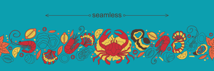 Seafood doodle seamless pattern. Modern seafood illustration. Hand sketched seafood fish and crab and shrimp. Poster, banner, postcard, card template for restaurant, coffee shop and cafe, bar.
