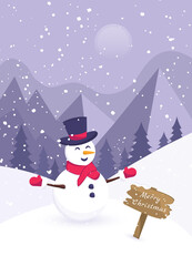 Winter illustration with a snowman, a wooden stand against the background of mountains and Christmas trees. For Christmas and New Year holidays. Vector illustration.