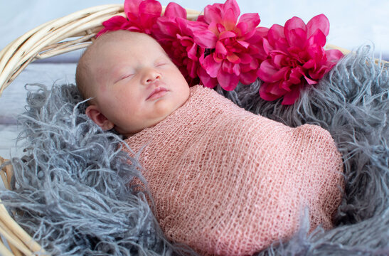 Sleeping White Caucasian Newborn Baby Close Up. Angel's Kiss, Stork Bite Birth Mark	