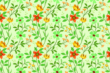 Hand Draw Green Flowers Seamless Pattern. The seamless textile pattern of flowery plants and leaves with floral background elements in baroque and lace style for fabrics, textiles, gift wrapping.