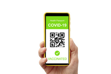 Hand holding smartphone with vaccinated health digital passport application on mobile phone for travel during covid-19 pandemic, on white background.
