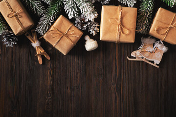 Merry christmas and happy new year border with craft gift box