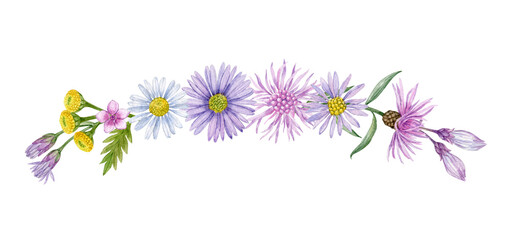 Wild flowers decoration, flowers element design. Watercolor hand drawn floral decoration with field wild flowers and branches. Can be used as print, postcard, invitation,greeting card, packaging.