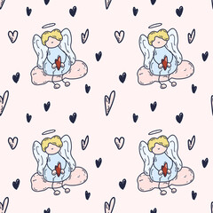 Cute angel on the pink cloud and hearts. Vector seamless pattern. Peach background. 