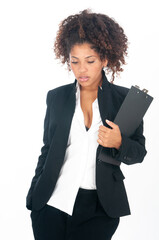 African American female entrepreneur in her jacket suit and white shirt