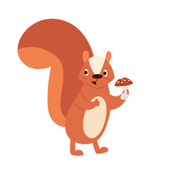 Vector ginger cartoon squirrel holding a mushroom.