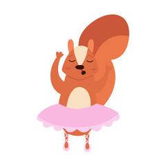 A cute squirrel is doing ballet in a pink tutu. Vector flat illustration.