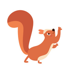 The cute squirrel grimaces and jumps. Vector flat illustration.