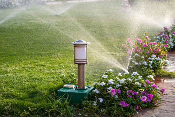Plastic sprinkler irrigating flower bed on grass lawn with water in summer garden. Watering green...