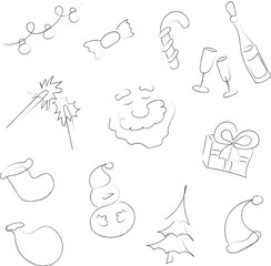 Set of minimalistic New Year illustrations of Santa Claus, Christmas tree, gift, gift bag, sparklers, champagne bottle and glasses.