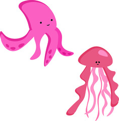 Cute and smiling octopus and jellyfish. Illustrations of the inhabitants of the seabed. Underwater life
