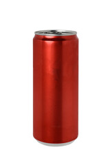 Metal can of red color for carbonated soft drinks. Isolated on a white background