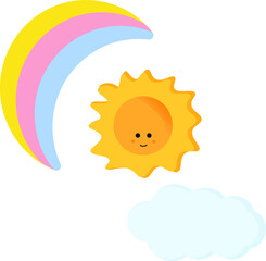 Children's illustration of rainbow, sun and clouds.  Suitable for placing on baby clothes, toys, books, in the nursery, on the crib