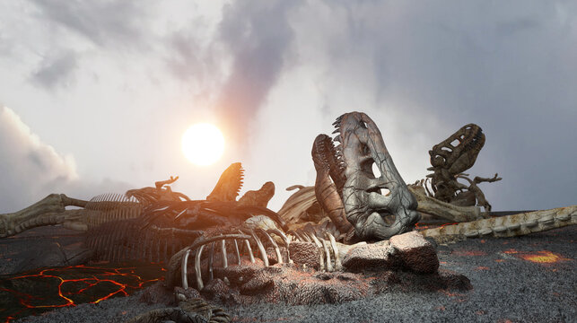 dead dinosaur bodies, dinosaur skeletons after extinction 3d render