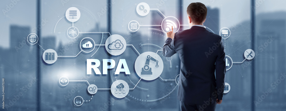 Poster rpa. robotic process automation concept on virtual screen
