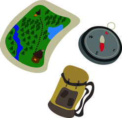 Illustrations travel items.The traveler will need a compass, map and backpack.