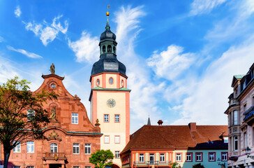 Market square with town hall and town hall tower, Ettlingen, Germany, Black Forest, Baden Württemberg