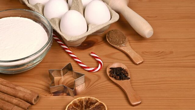 ingredients for baking gingerbread cookies set on the table. christmas cooking concept