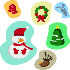 2022 New Year.А selection of festive New Year decor items. 
Fir-tree,
snowman, Christmas wreath, christmas mitten, 
Christmas deer.