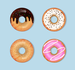 Four options for donuts icons. Sweet, mouth-watering, fluffy donuts. Vector.